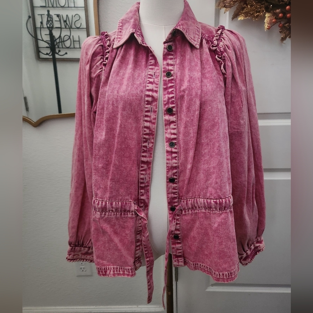 Free People Acid Wash Pink Jacket Top - Picture 3 of 7